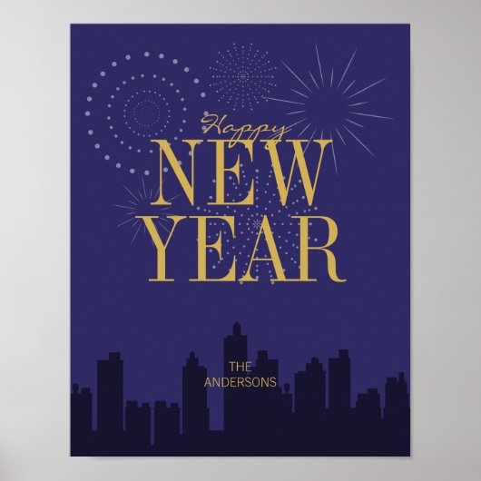 モダンSkyline Happy New Year's Poster Sign ポスター (正面)