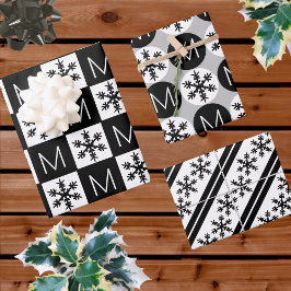 モダンSnowflake Add Monogram Black And White ラッピングペーパーシート