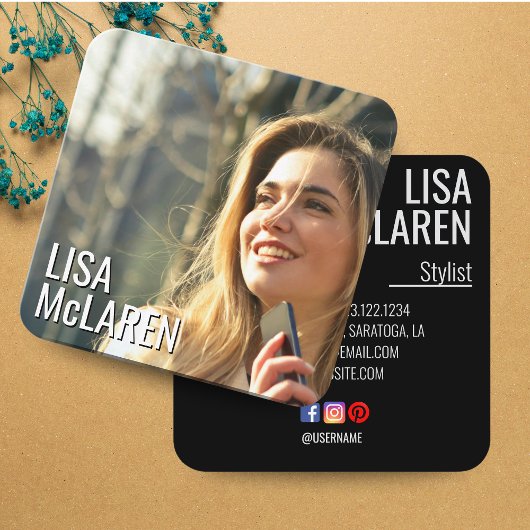 モダンSocial Me付きミニマル写真名刺 スクエア名刺