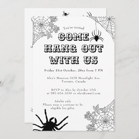 モダンSpider web不気味 Black & White Halloween 招待状 (正面/裏面)