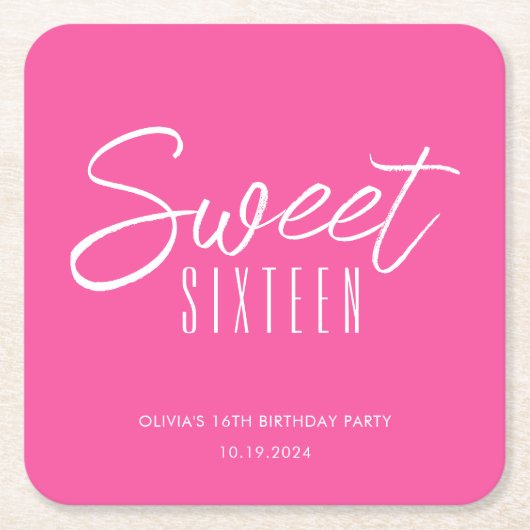 モダンSweet sixteenホットピンク女子16歳の誕生日 スクエアペーパーコースター (正面)