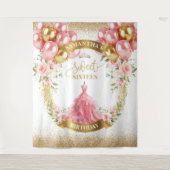 モダンSweet sixteen背景赤面金ゴールドバルーン タペストリー (正面)