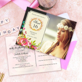 モダンSweet sixteen誕生日フラワー招待状 インビテーションポストカード