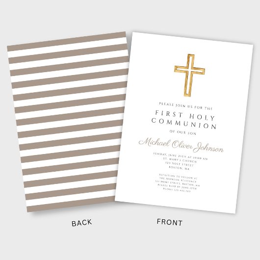 モダンTaupe Cross Boy First Communion 招待状