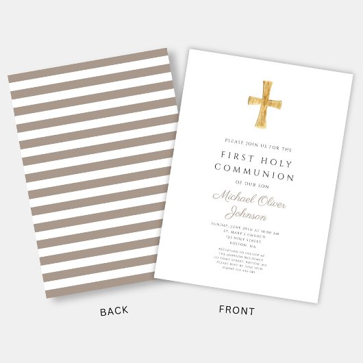 モダンTaupe Cross Boy First Communion 招待状