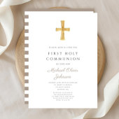 モダンTaupe Cross Boy First Communion 招待状