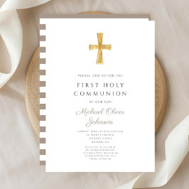 モダンTaupe Cross Boy First Communion 招待状