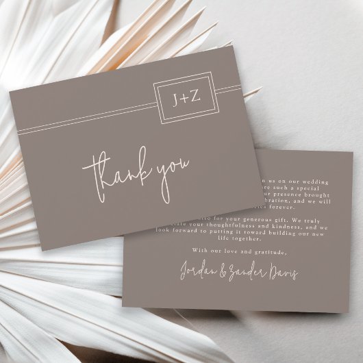 モダンTaupe Minimalist Monogram結婚's Thank You サンキューカード