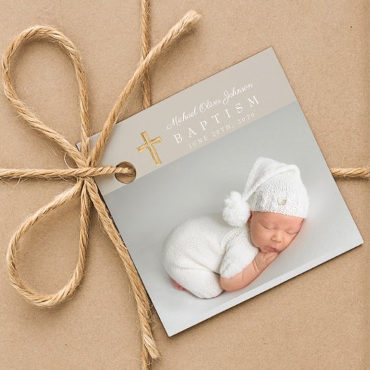 モダンTaupe Scriptフォトバプテスマ フェイバータグ