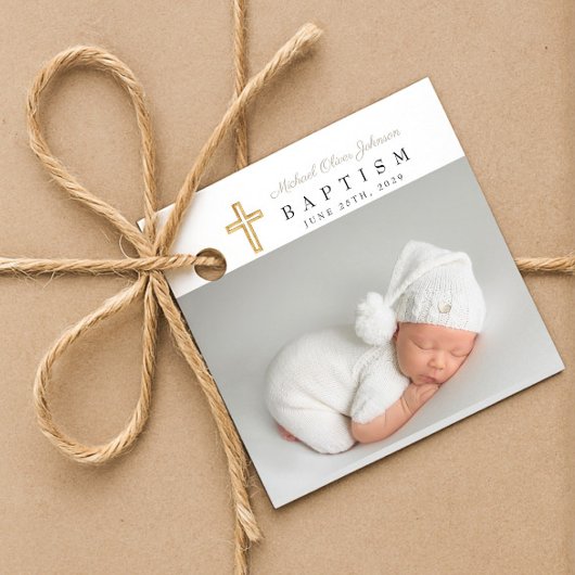 モダンTaupe Script写真バプテスマ フェイバータグ