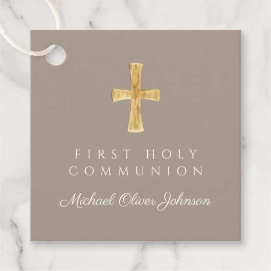モダンTaupe Script Cross Boy First Communion フェイバータグ (正面)