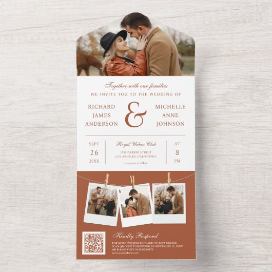 モダンTerracottaアンパサンド写真QRコー結婚ド オールインワン招待状 (内側)
