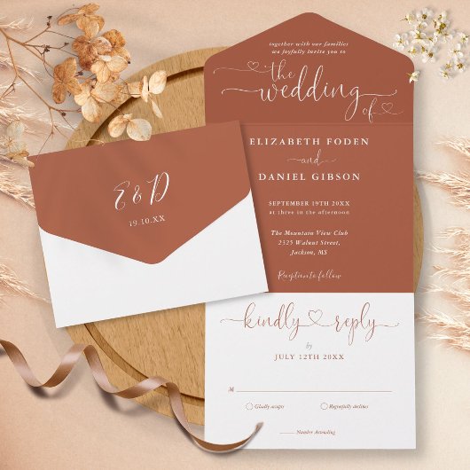 モダンTerracottaスクリプトハートミニマル結婚リスト オールインワン招待状