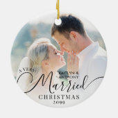 モダンVery結婚した Christmas 2フォト白黒 セラミックオーナメント (裏面)