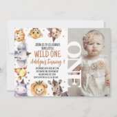 モダンWord Safari Animals Wild One 1 Birthday 招待状 (正面)