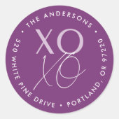 モダンXOXOパープルバレンタインデー差出人住所 ラウンドシール (正面)