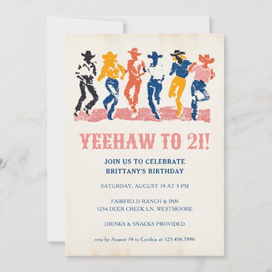 モダンYeehawカウガール21歳の誕生日パーティー 招待状 (正面)