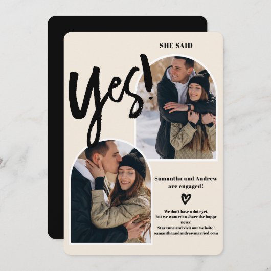 モダンyesスクリプト2写真アーチアイボリー婚約 案内状 (正面/裏面)