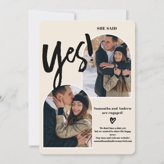 モダンyesスクリプト2写真アーチアイボリー婚約 案内状 (正面)