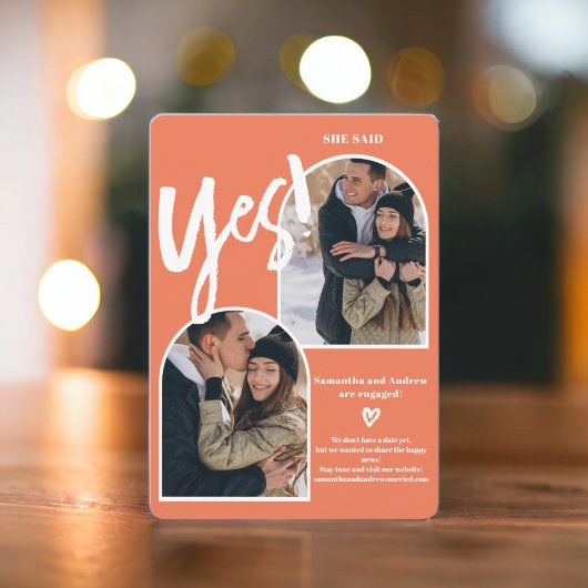 モダンyes2写真アーチコーラルオレンジ婚約 案内状