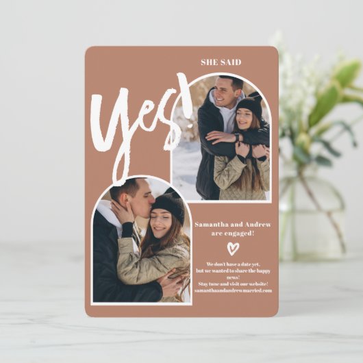 モダンyes2写真アーチterracotta婚約 案内状 (スタンド正面)