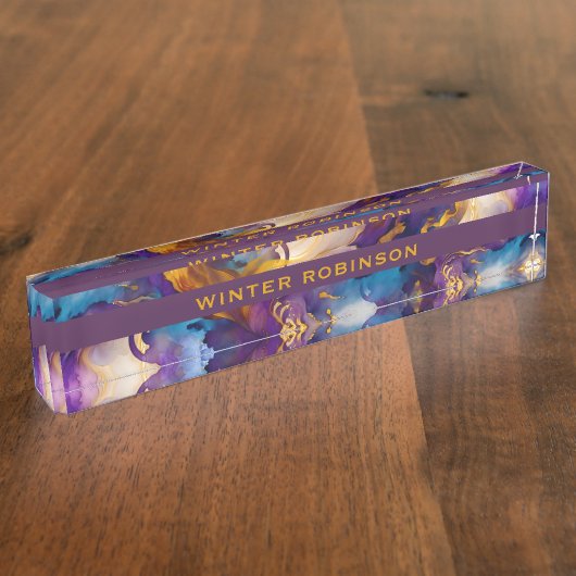 モダー芸術的カラフル黄金の水色インク デスクネームプレート (側面)