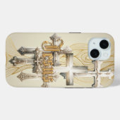 モチベーションアップ 信仰 ベージュ/グレー クロス ゴールド イエス Case-Mate iPhoneケース (裏面 (横))