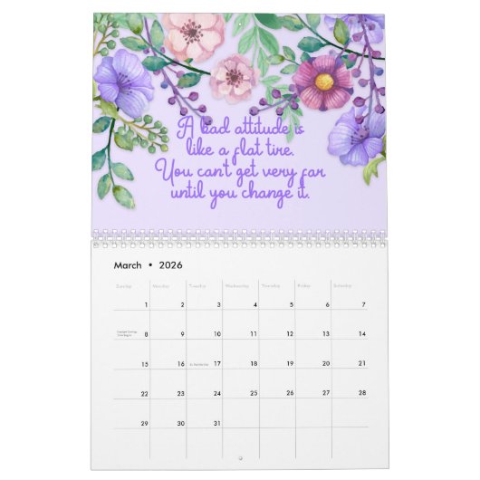 モチベーション付き水彩花模様引用文カレンダー カレンダー (3月 2026)