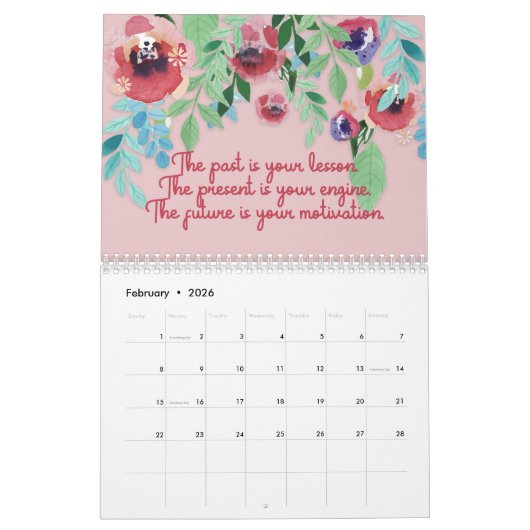 モチベーション付き水彩花模様引用文カレンダー カレンダー (2月 2026)
