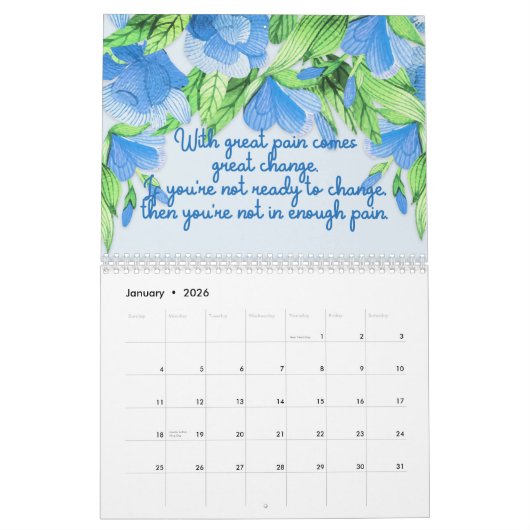 モチベーション付き水彩花模様引用文カレンダー カレンダー (1月 2026)