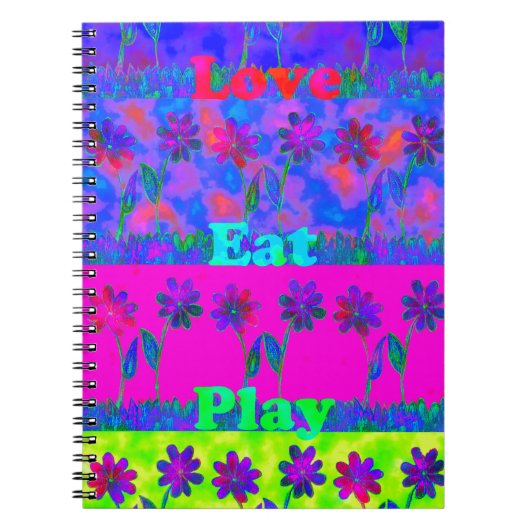 モチベーション溢れる鮮やかな「Eat Love & Play」アートプリント ノートブック (正面)