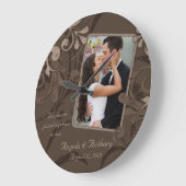 モチャブラウンフローラパーソナライズされた写真テンプレート ラージ壁時計 (傾斜)