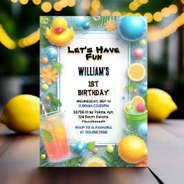 モチーフスプラッシュバブル夏のアヒルの泡1st誕生日 招待状