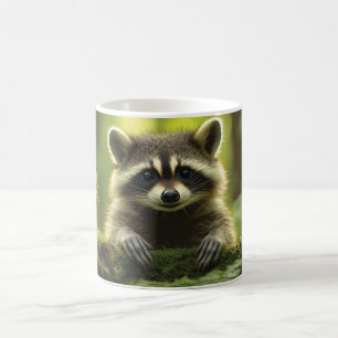 モッシーな丸太の上から愛らしいアライグマとカエルの覗き込み コーヒーマグカップ