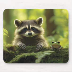 モッシーな丸太の上から愛らしいアライグマとカエルの覗き込み マウスパッド