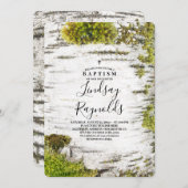 モッシー樺の木ツリー素朴カントリーサイドバプテスマ 招待状 (正面/裏面)
