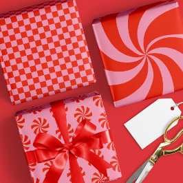 モッズ 波状 グルーヴィー ヒッピー レトロ クリスマス ピンク レッド ラッピングペーパーシート