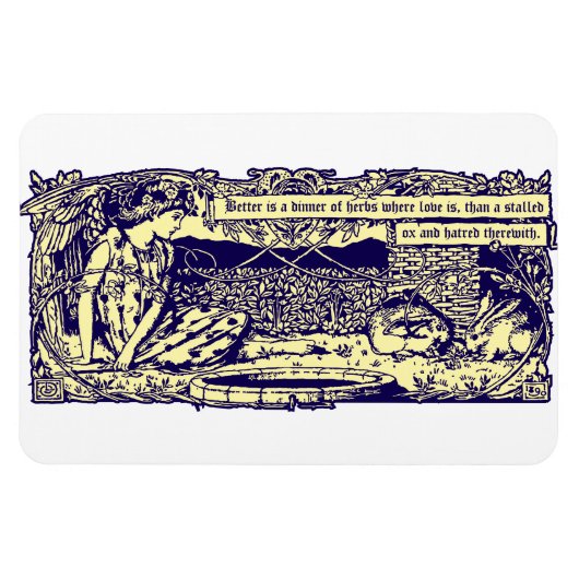 モットバナー付きフラワーガーデンの天使とウサギ マグネット (横)