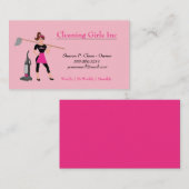 モップハウス清掃サービス付きピンクの漫画ガール 名刺 (正面/裏面)