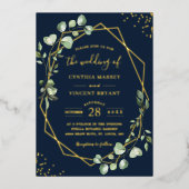 モディッシュ幾何学葉ユーカリス結婚金ゴールド 箔招待状 (正面)