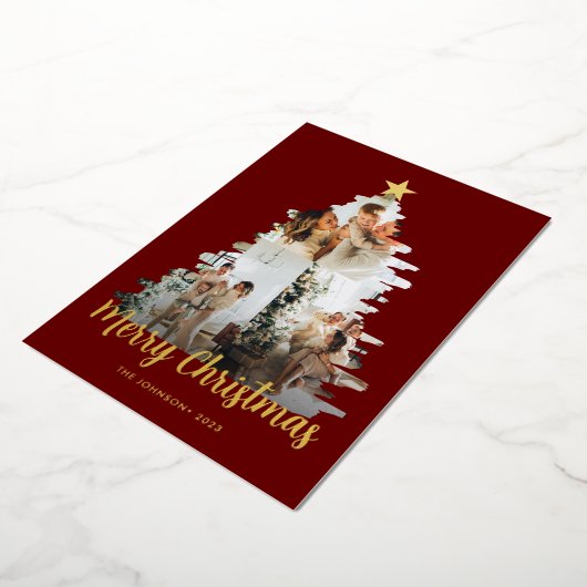 モディッシュ赤いクリスマスツリーフレーム3写真 箔シーズンカード (回転した状態)
