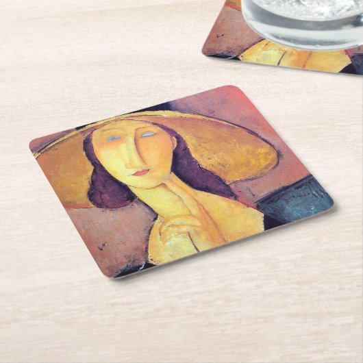 モディリアーニ大帽子を持つ女性 スクエアペーパーコースター (アングル)