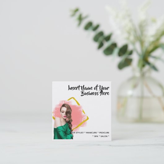 モデエレガントル長毛フェイク金ゴールド水色 スクエア名刺 (スタンド正面)