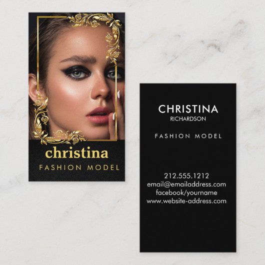 モデルとアクタモダンーのヘッドショットフェイク金ゴールドフレーム 名刺 (正面/裏面)