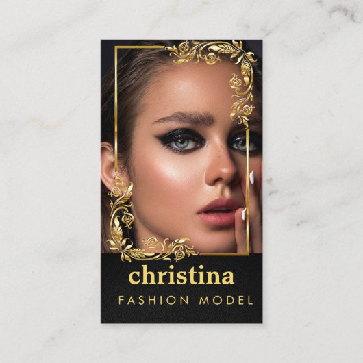 モデルとアクタモダンーのヘッドショットフェイク金ゴールドフレーム 名刺 (正面)