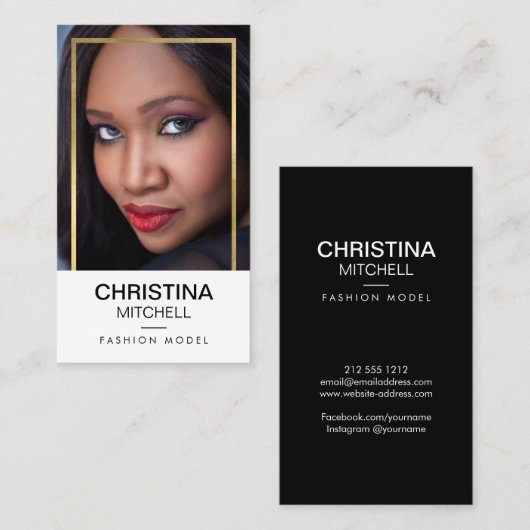 モデルとアクタモダンーのヘッドショットフェイク金ゴールドフレーム 名刺 (正面/裏面)