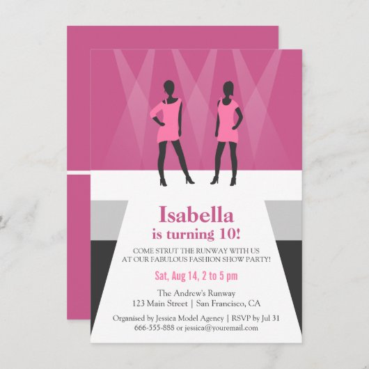 モデルモダンランウェイファッションの誕生日パーティーを表示 招待状 (正面/裏面)