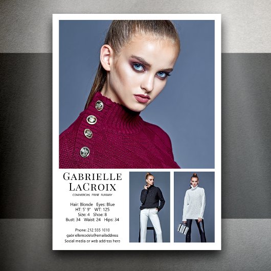 モデル・アクター 3 枚写真コンポジットカード テンプレート 5x7 白