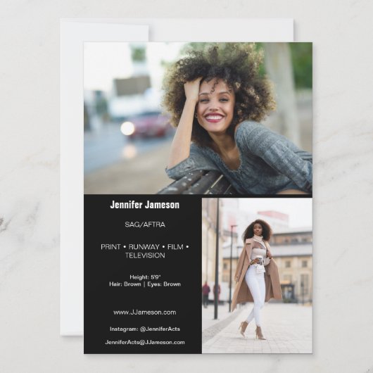 モデル・俳優用コンポジットカード | 3枚の写真 招待状 (裏面)