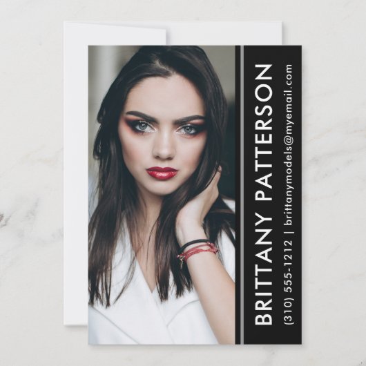 モデル・俳優用 写真コンポジットカード 5x7 黒ストライプ 招待状 (正面)